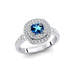 Double Halo Diamond Cushion Cut London Blue Topaz Ring - GeumJewels