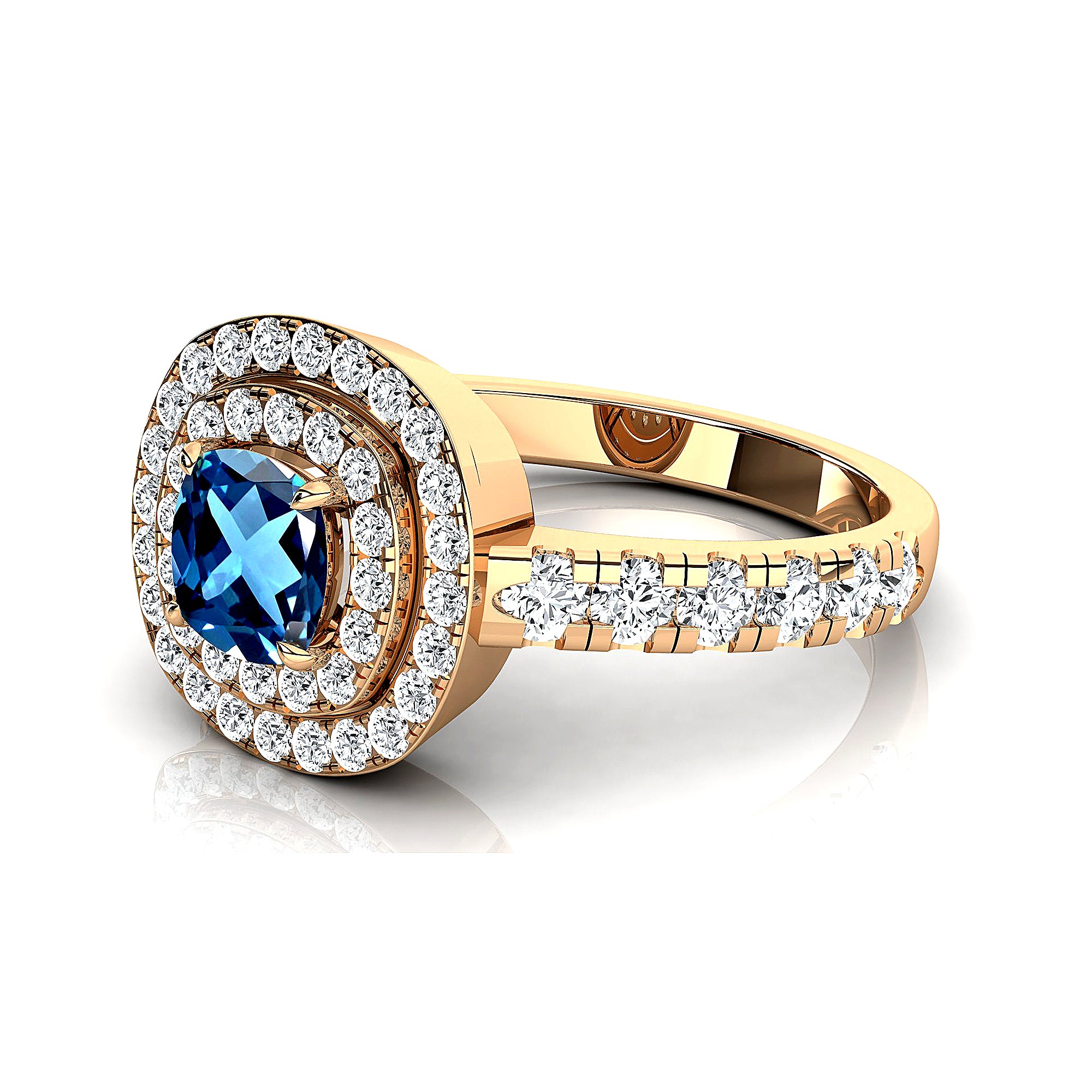 Double Halo Diamond Cushion Cut London Blue Topaz Ring - GeumJewels
