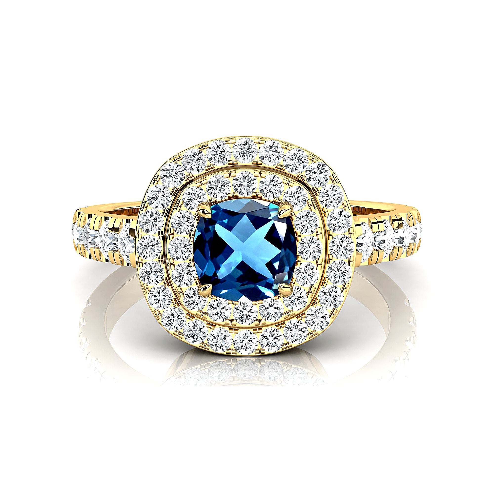 Double Halo Diamond Cushion Cut London Blue Topaz Ring - GeumJewels