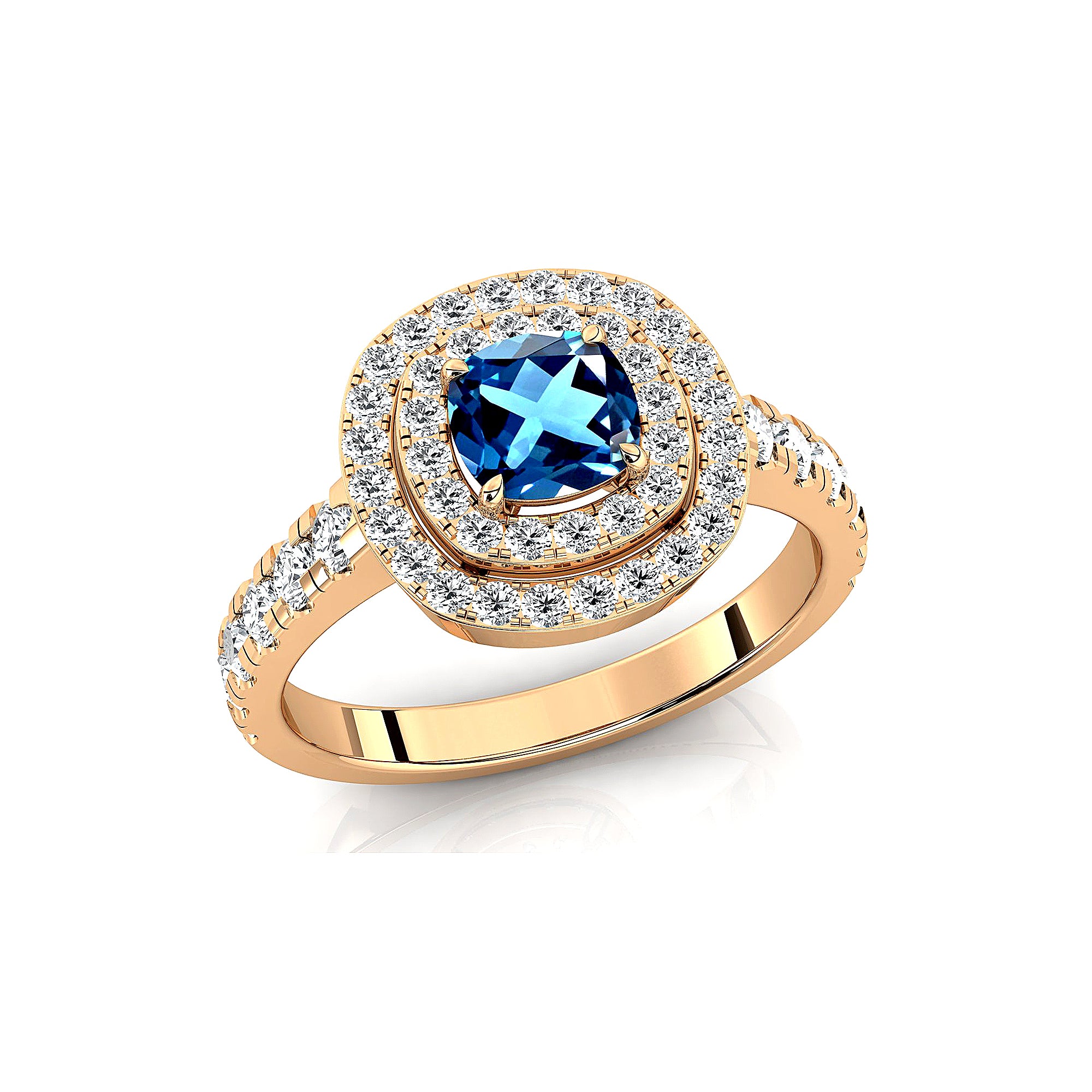 Double Halo Diamond Cushion Cut London Blue Topaz Ring - GeumJewels