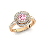 Double Halo Diamond Cushion Cut Morganite Ring - GeumJewels