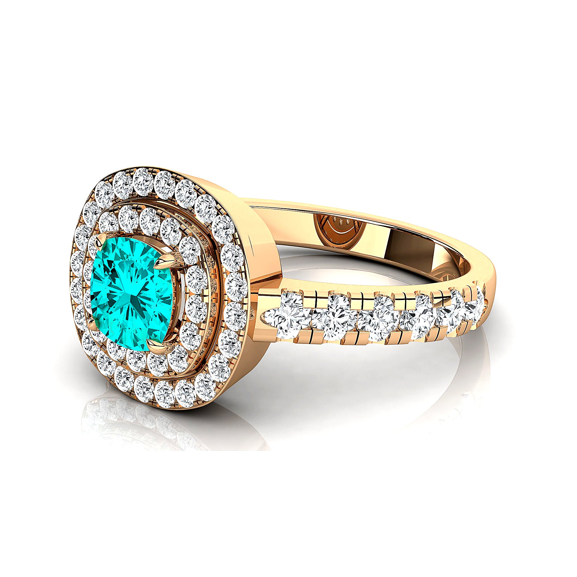 Double Halo Diamond Cushion Cut Paraiba Tourmaline Ring - GeumJewels