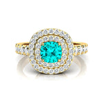 Double Halo Diamond Cushion Cut Paraiba Tourmaline Ring - GeumJewels