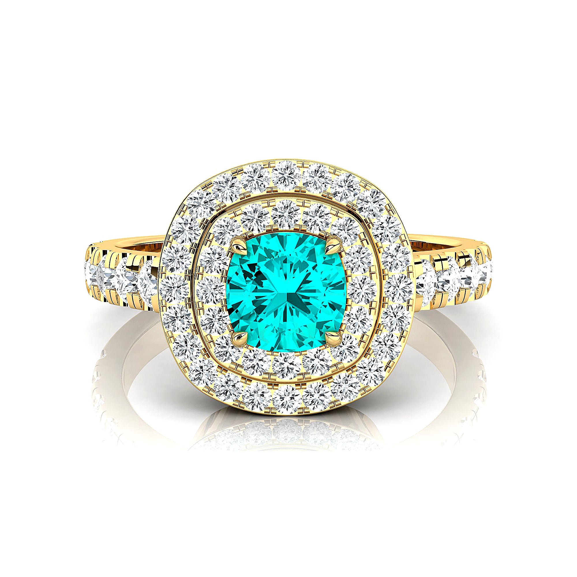 Double Halo Diamond Cushion Cut Paraiba Tourmaline Ring - GeumJewels