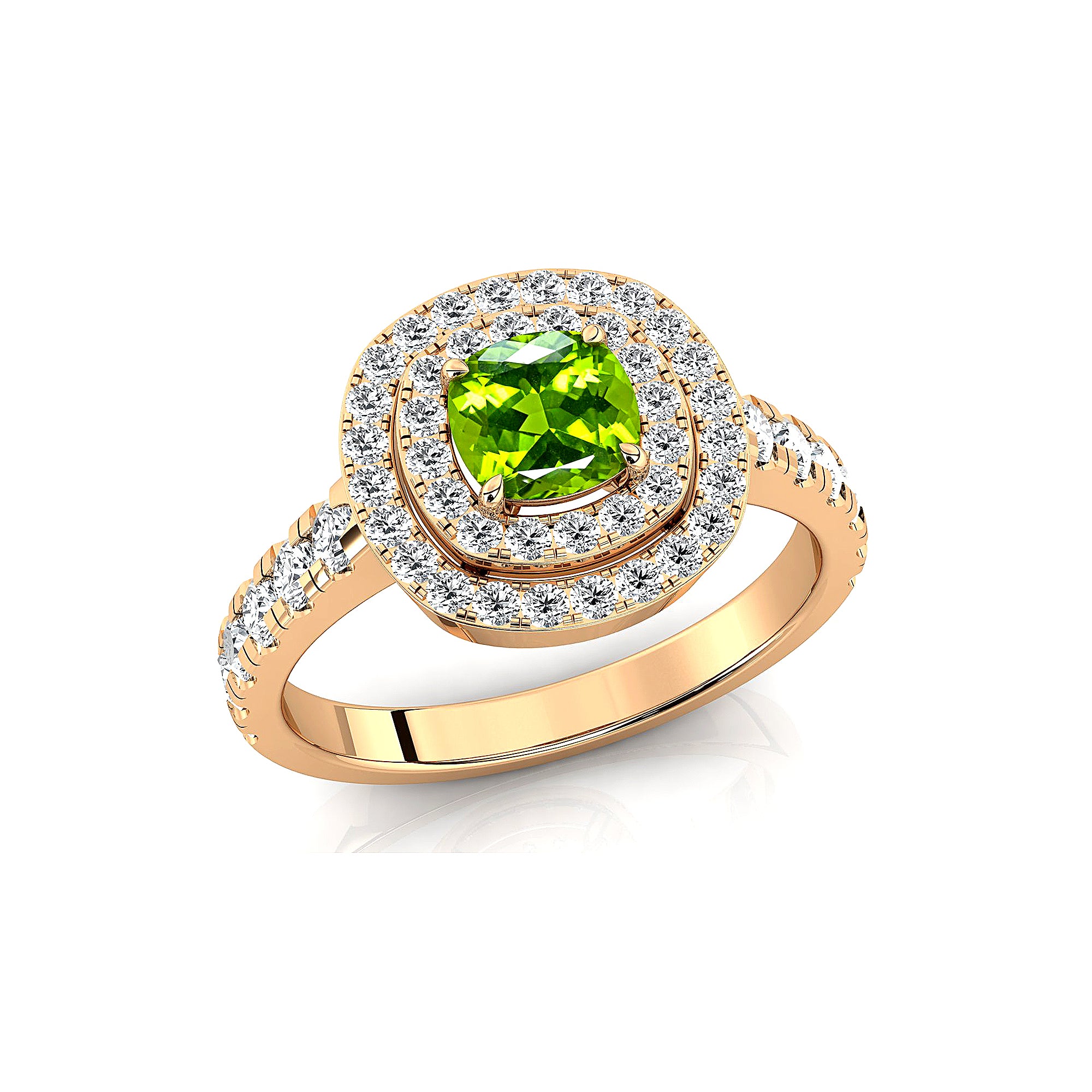 Double Halo Diamond Cushion Cut Peridot Ring - GeumJewels