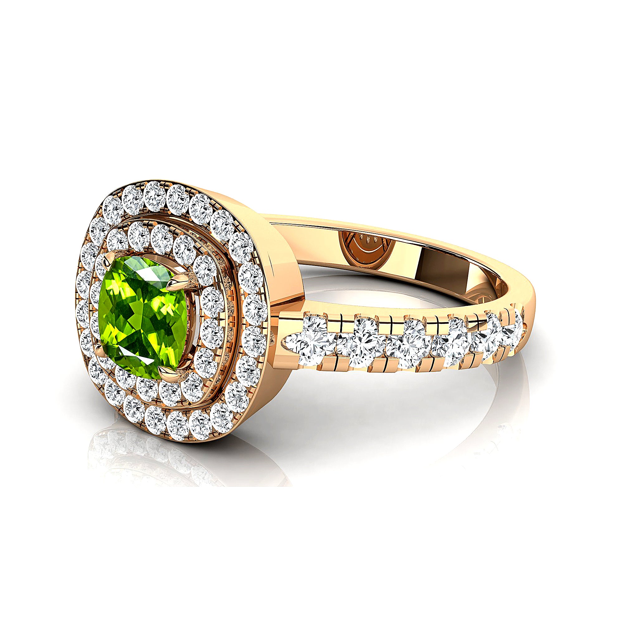 Double Halo Diamond Cushion Cut Peridot Ring - GeumJewels