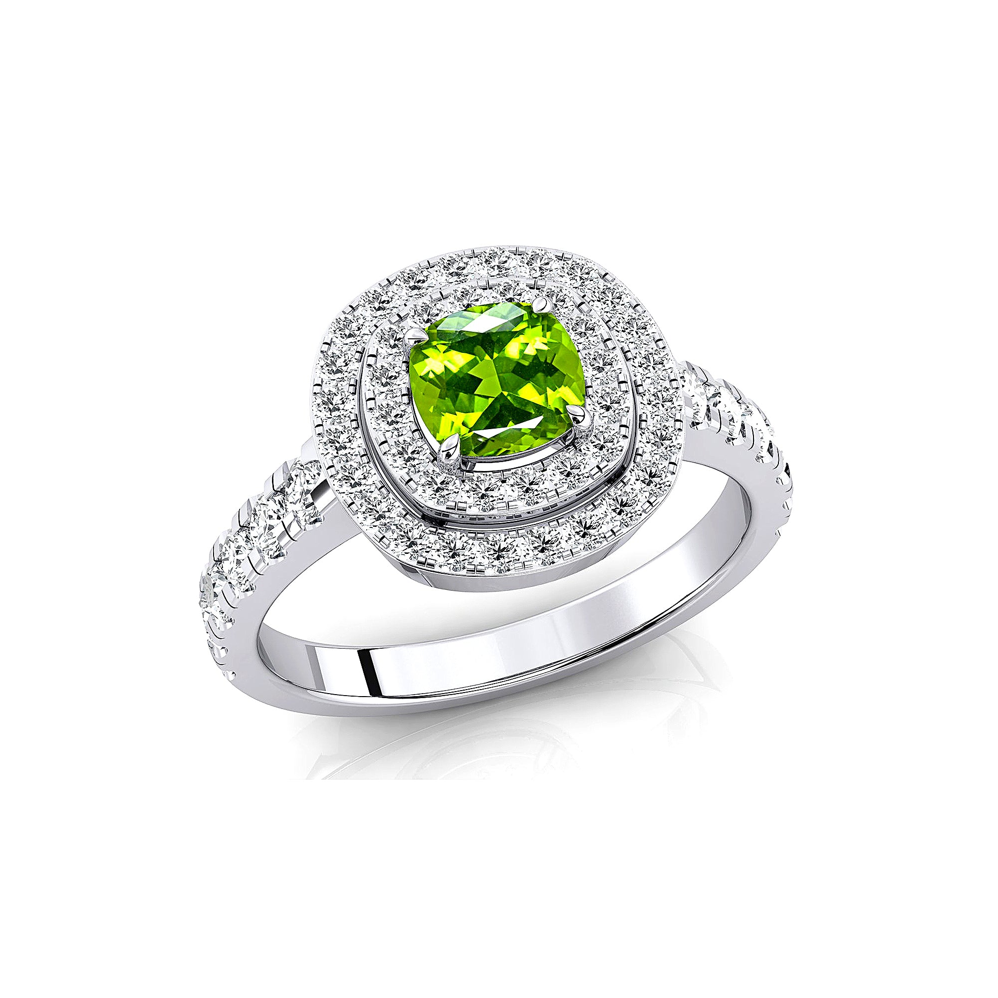 Double Halo Diamond Cushion Cut Peridot Ring - GeumJewels