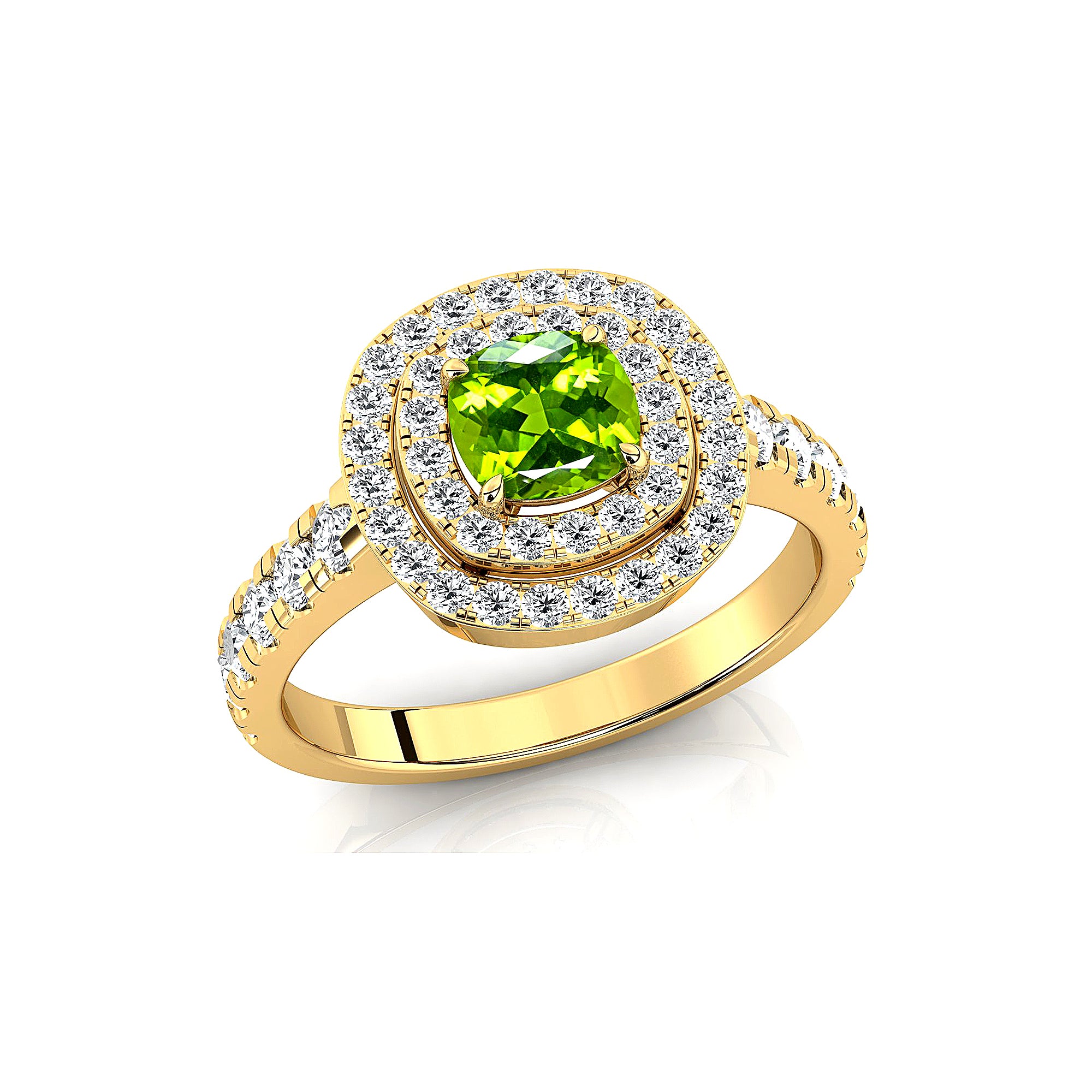 Double Halo Diamond Cushion Cut Peridot Ring - GeumJewels