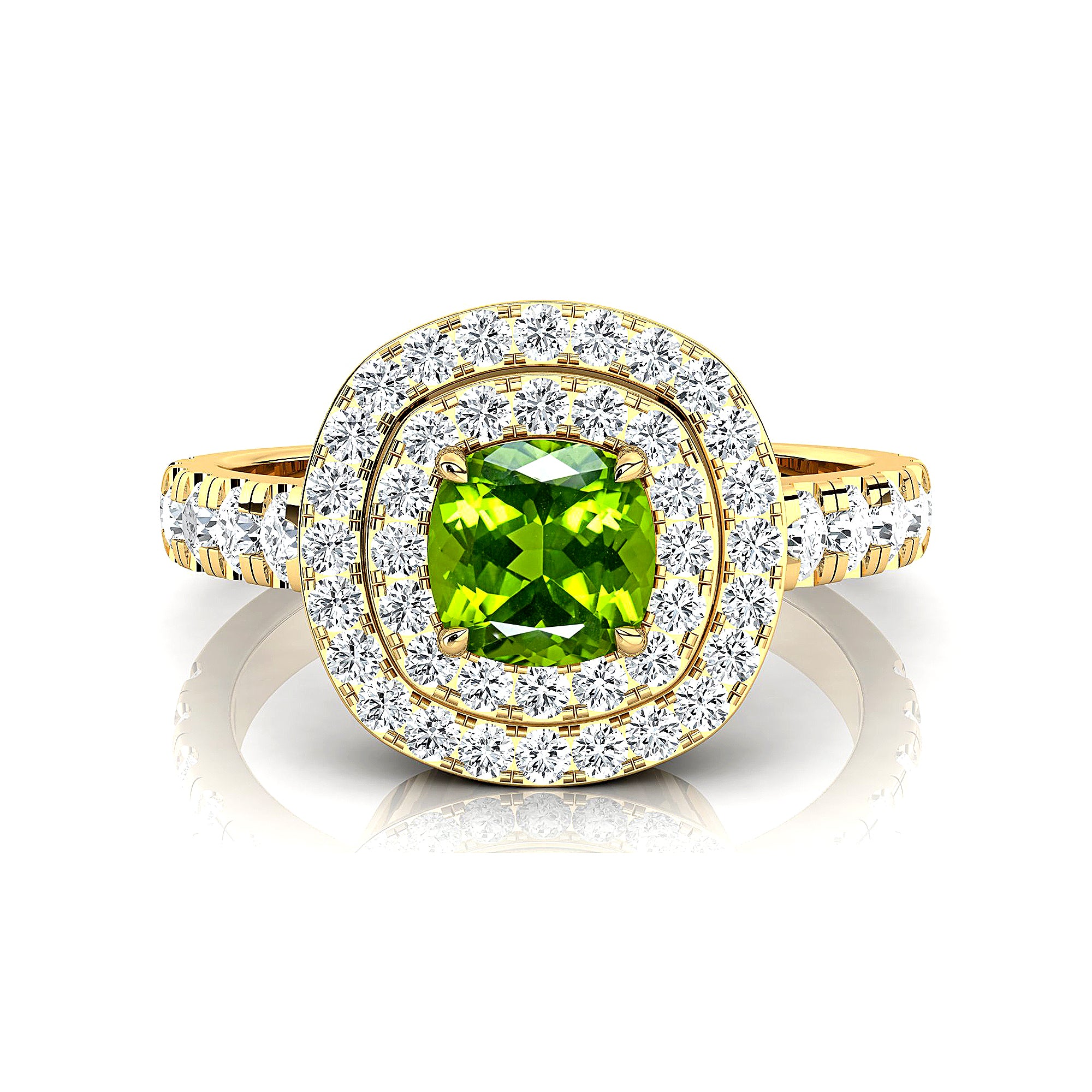 Double Halo Diamond Cushion Cut Peridot Ring - GeumJewels