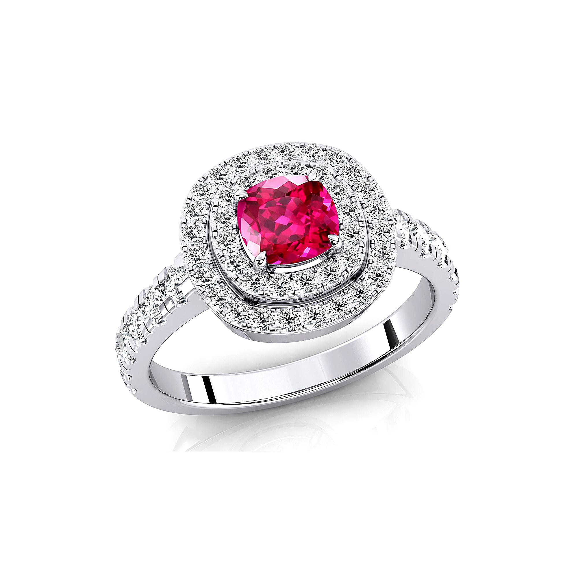 Double Halo Diamond Cushion Cut Pink Sapphire Ring - GeumJewels