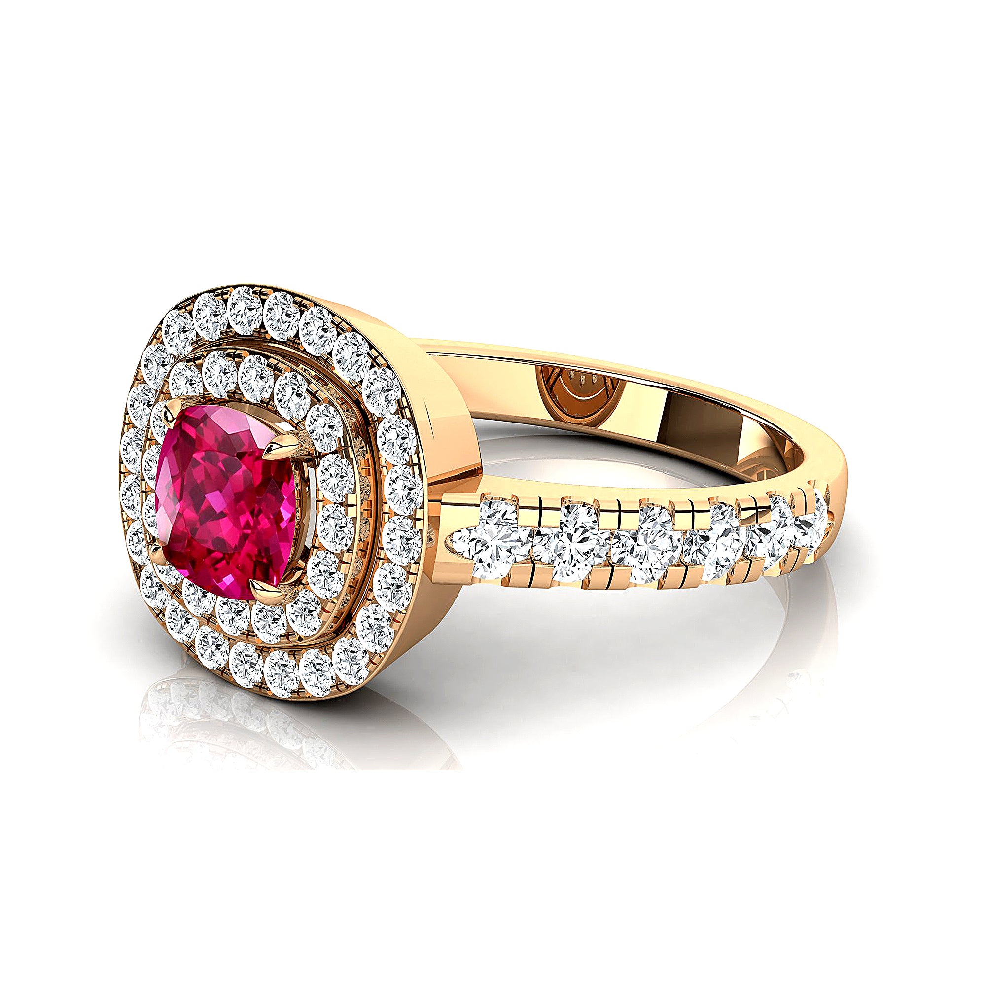Double Halo Diamond Cushion Cut Pink Sapphire Ring - GeumJewels