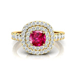 Double Halo Diamond Cushion Cut Pink Sapphire Ring - GeumJewels