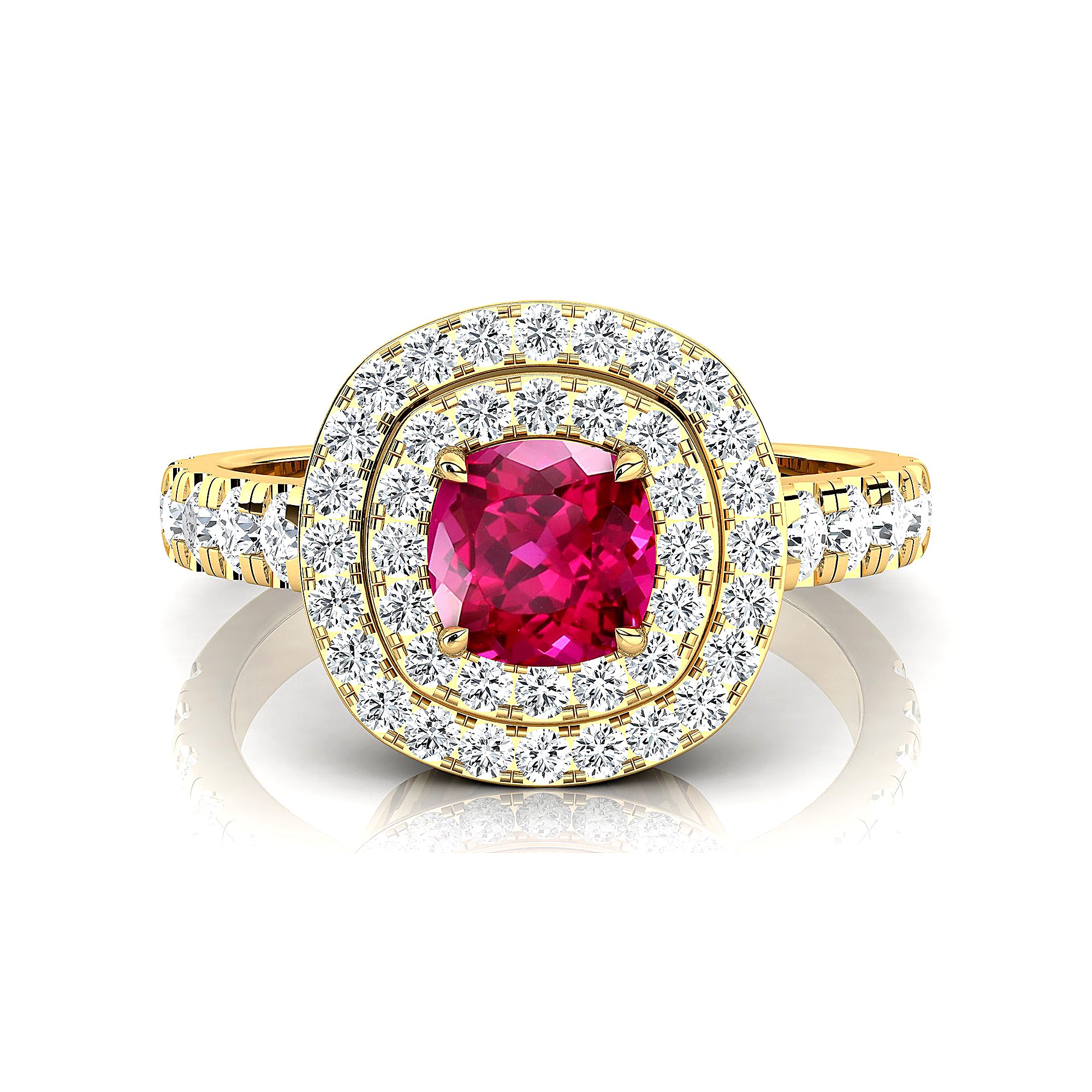 Double Halo Diamond Cushion Cut Pink Sapphire Ring - GeumJewels