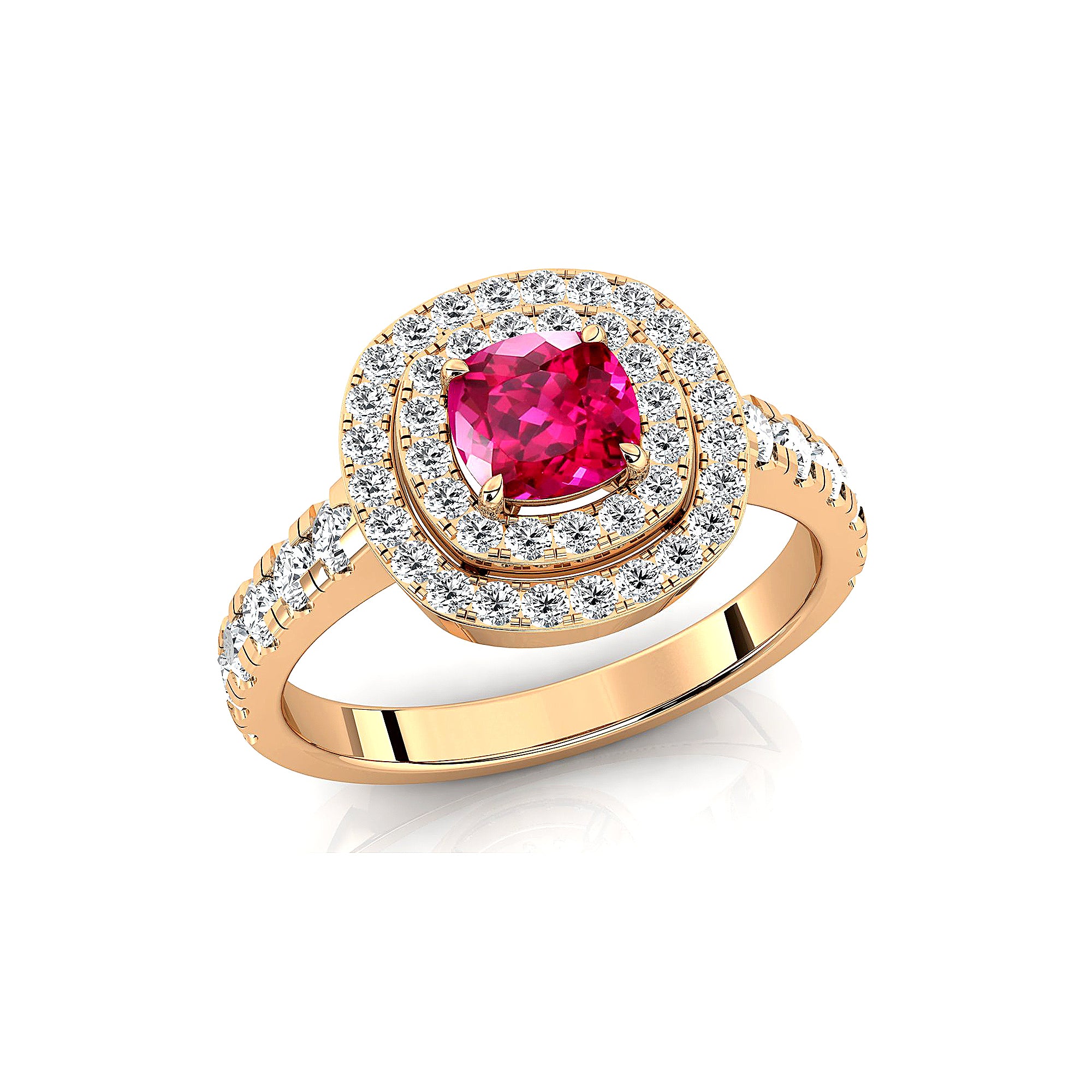 Double Halo Diamond Cushion Cut Pink Sapphire Ring - GeumJewels