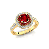 Double Halo Diamond Cushion Cut Ruby Ring - GeumJewels