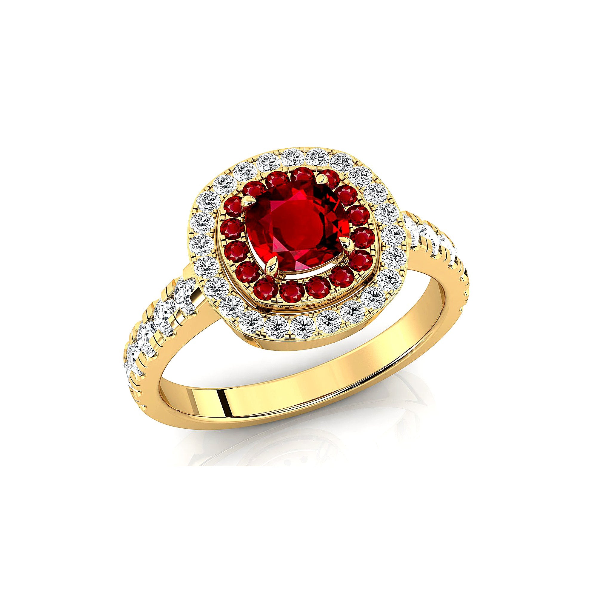 Double Halo Diamond Cushion Cut Ruby Ring - GeumJewels