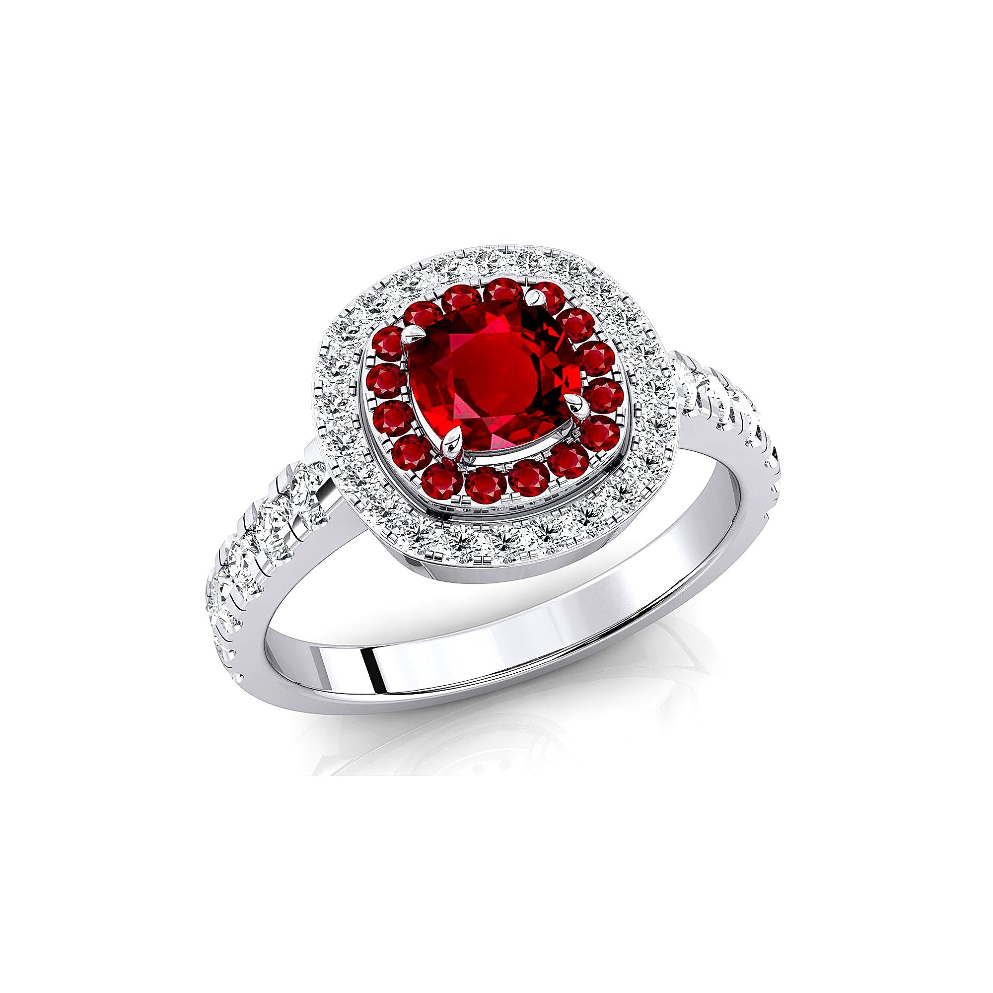 Double Halo Diamond Cushion Cut Ruby Ring - GeumJewels