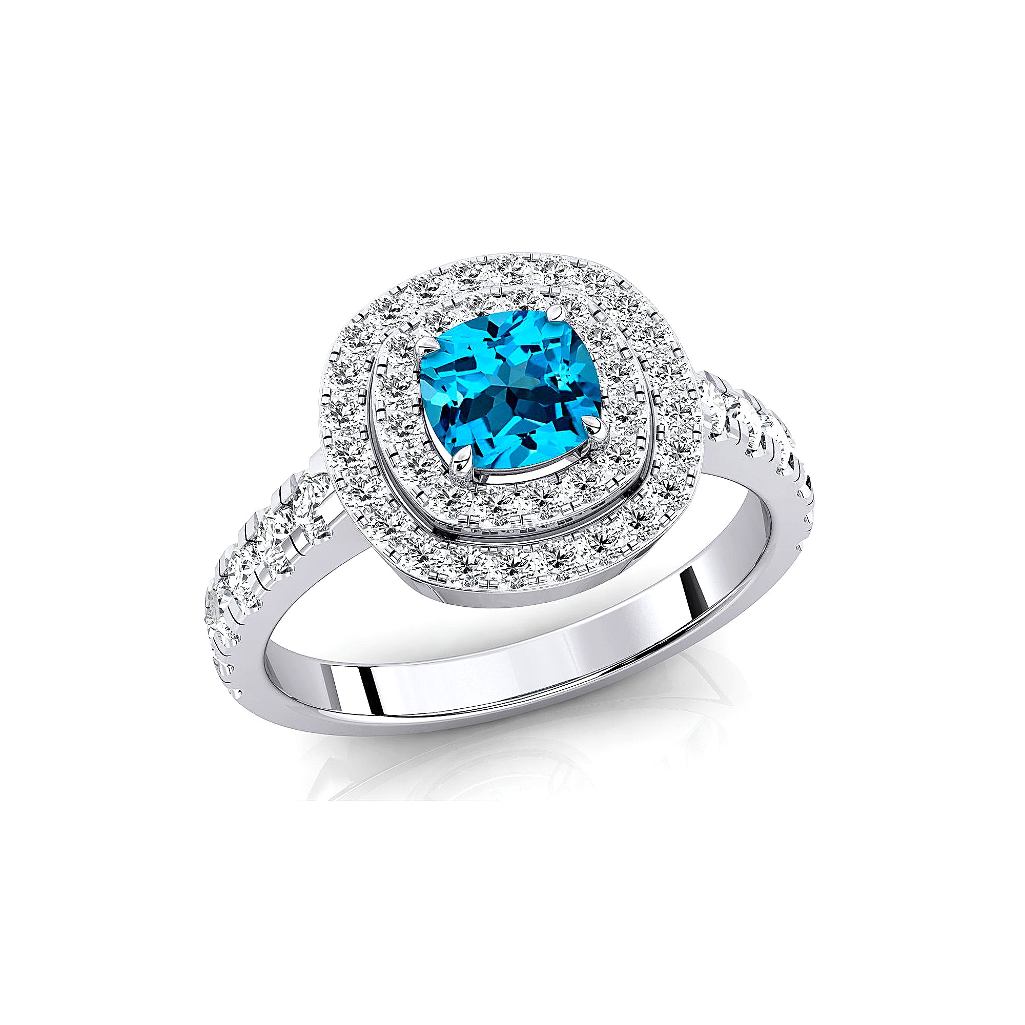 Double Halo Diamond Cushion Cut Swiss Blue Topaz Ring - GeumJewels