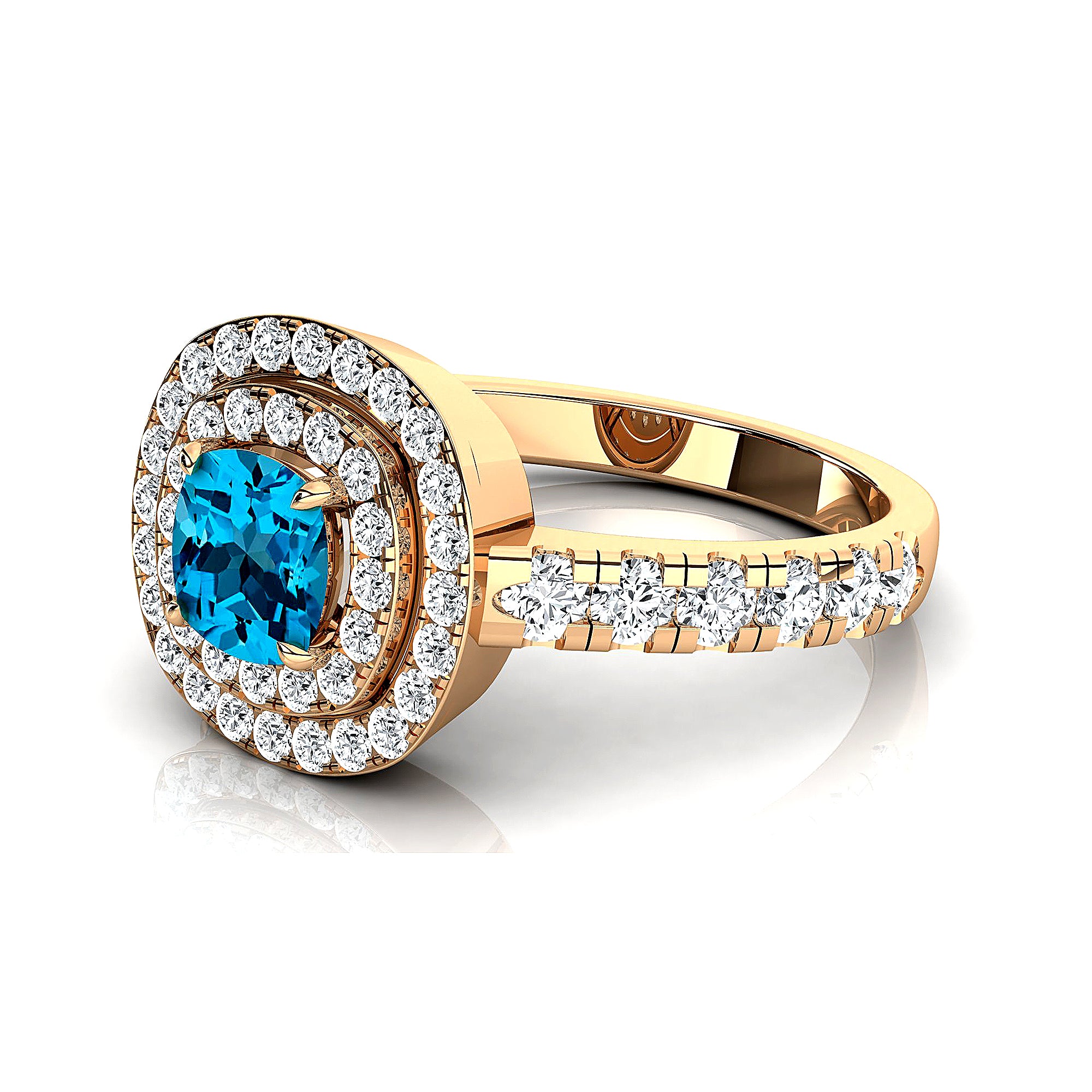 Double Halo Diamond Cushion Cut Swiss Blue Topaz Ring - GeumJewels