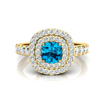 Double Halo Diamond Cushion Cut Swiss Blue Topaz Ring - GeumJewels
