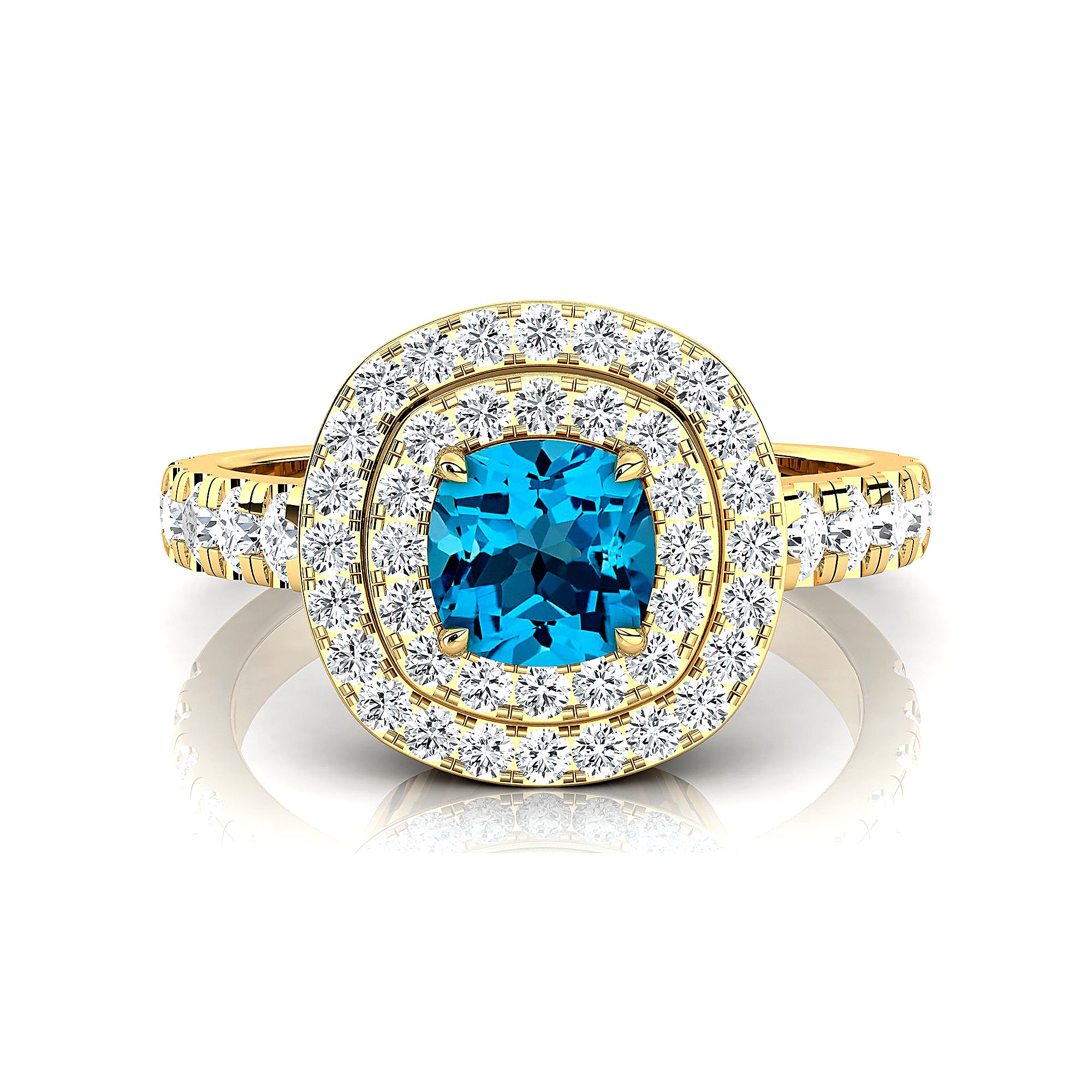 Double Halo Diamond Cushion Cut Swiss Blue Topaz Ring - GeumJewels