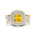 Double Halo Diamond Cushion Cut Yellow Sapphire Ring - GeumJewels
