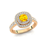 Double Halo Diamond Cushion Cut Yellow Sapphire Ring - GeumJewels