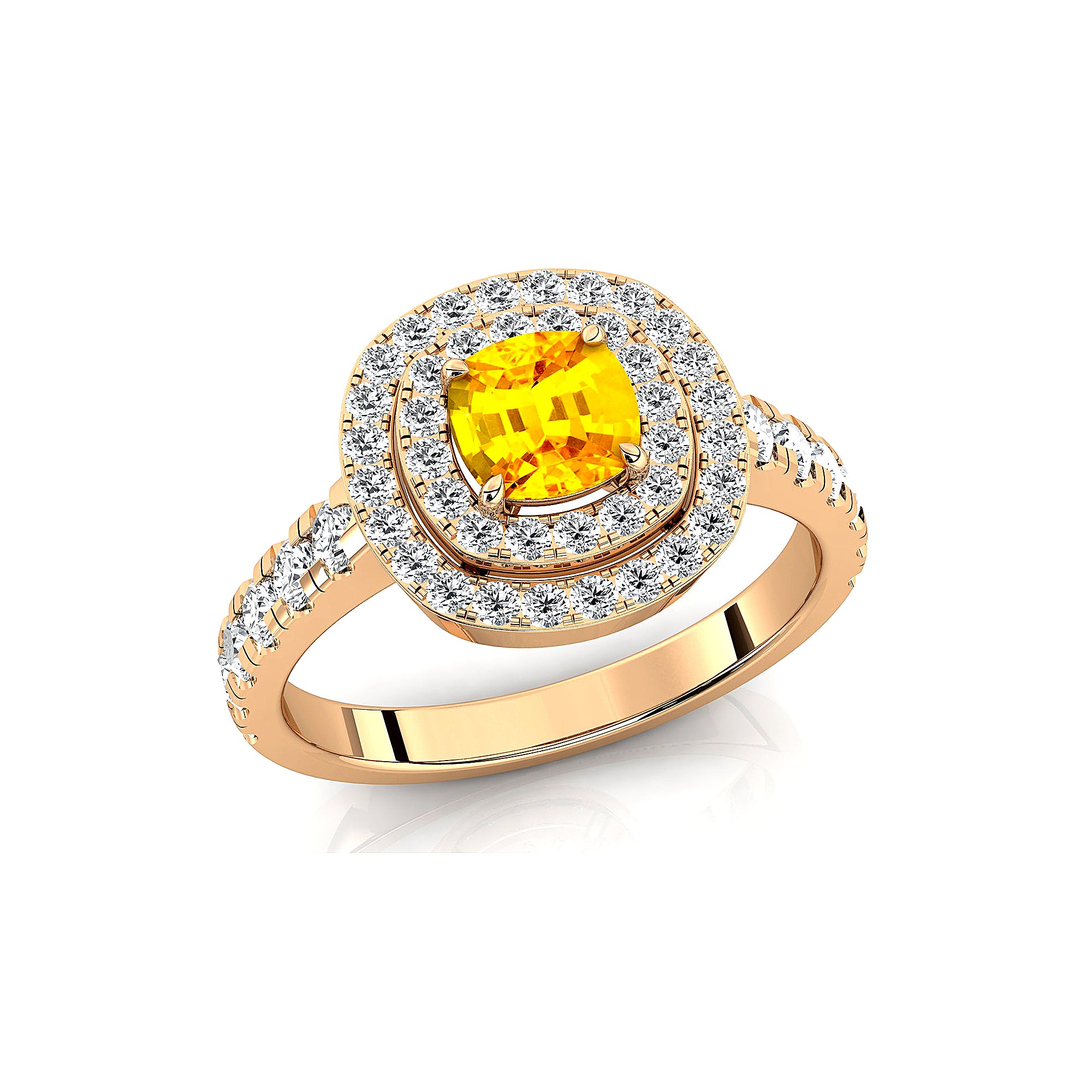 Double Halo Diamond Cushion Cut Yellow Sapphire Ring - GeumJewels