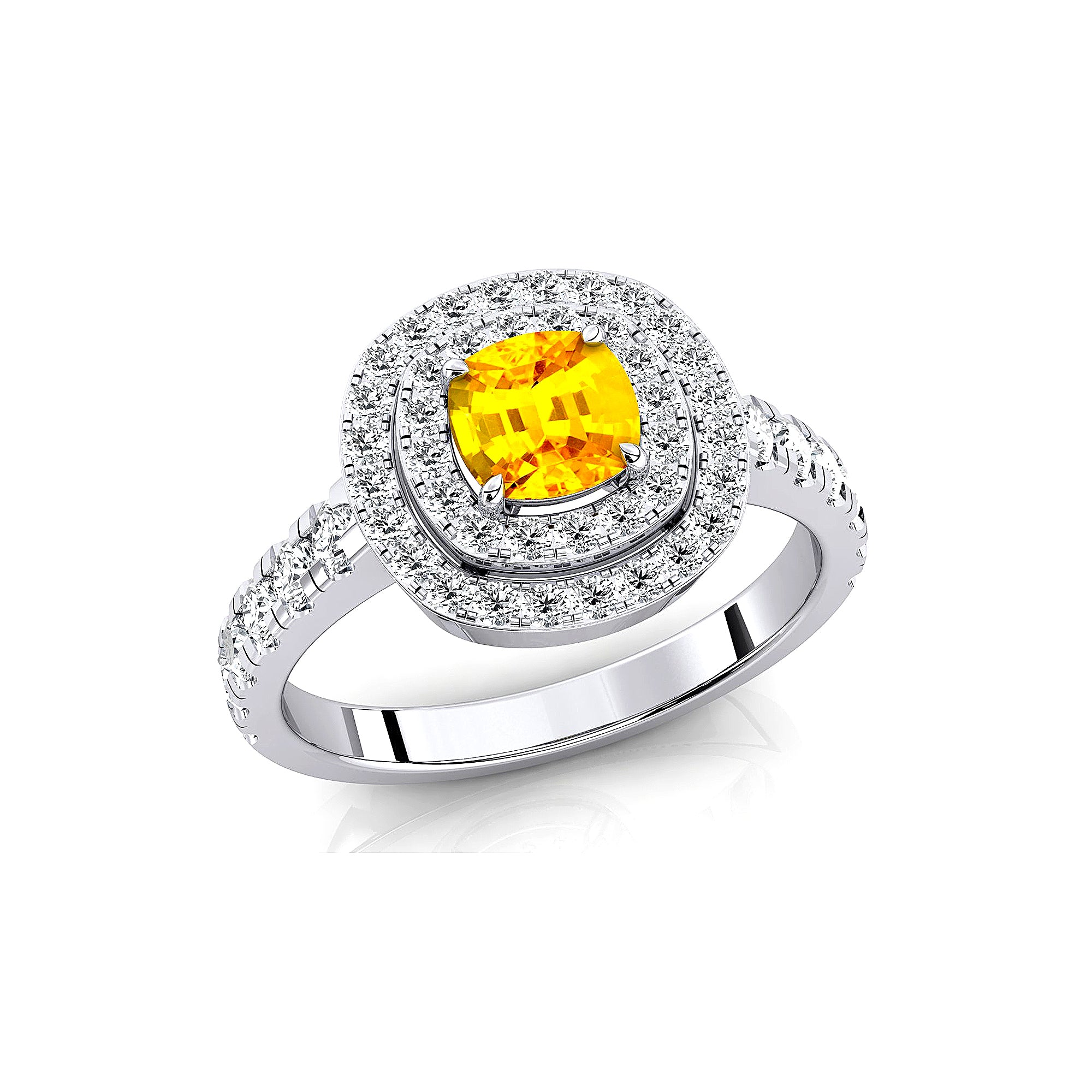 Double Halo Diamond Cushion Cut Yellow Sapphire Ring - GeumJewels
