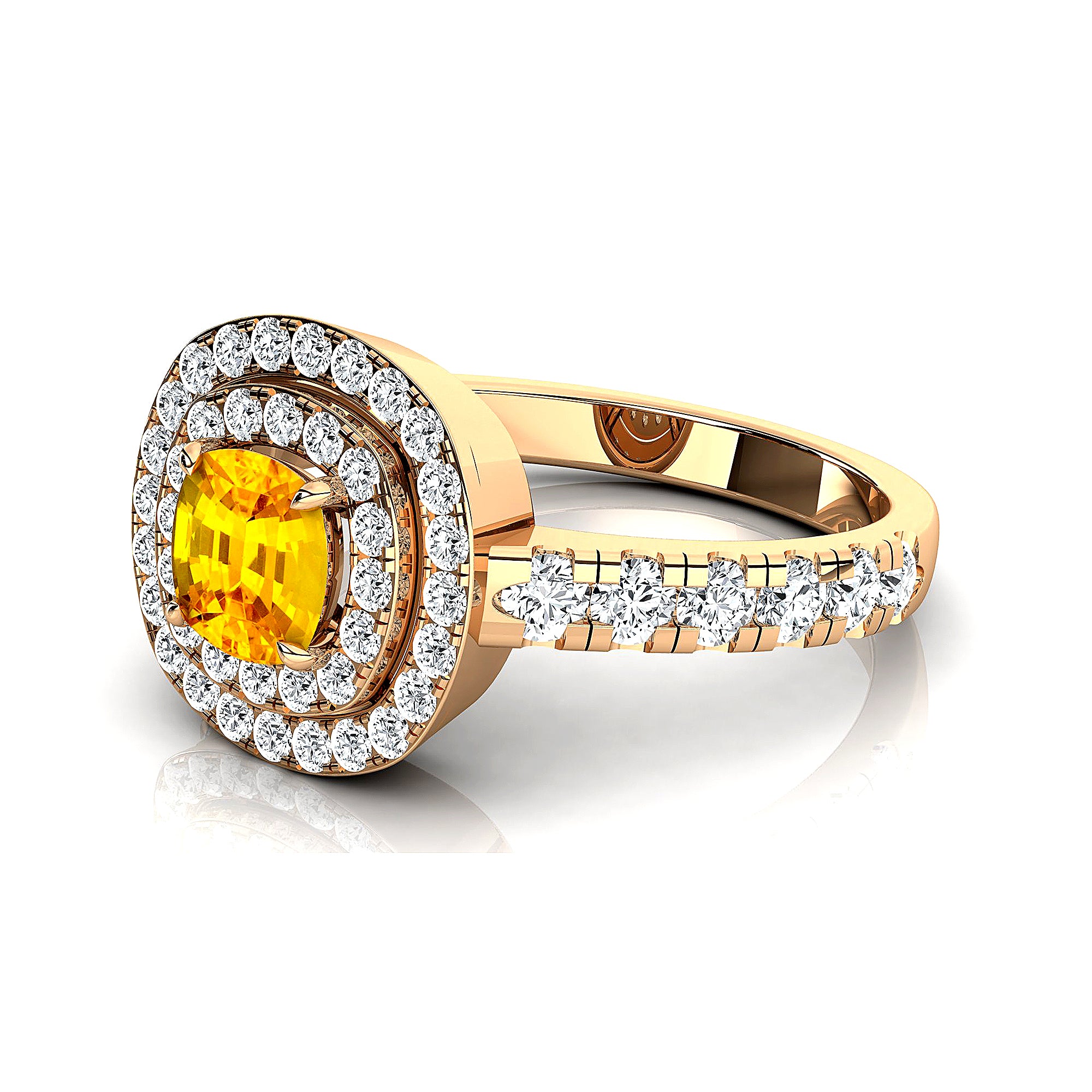 Double Halo Diamond Cushion Cut Yellow Sapphire Ring - GeumJewels