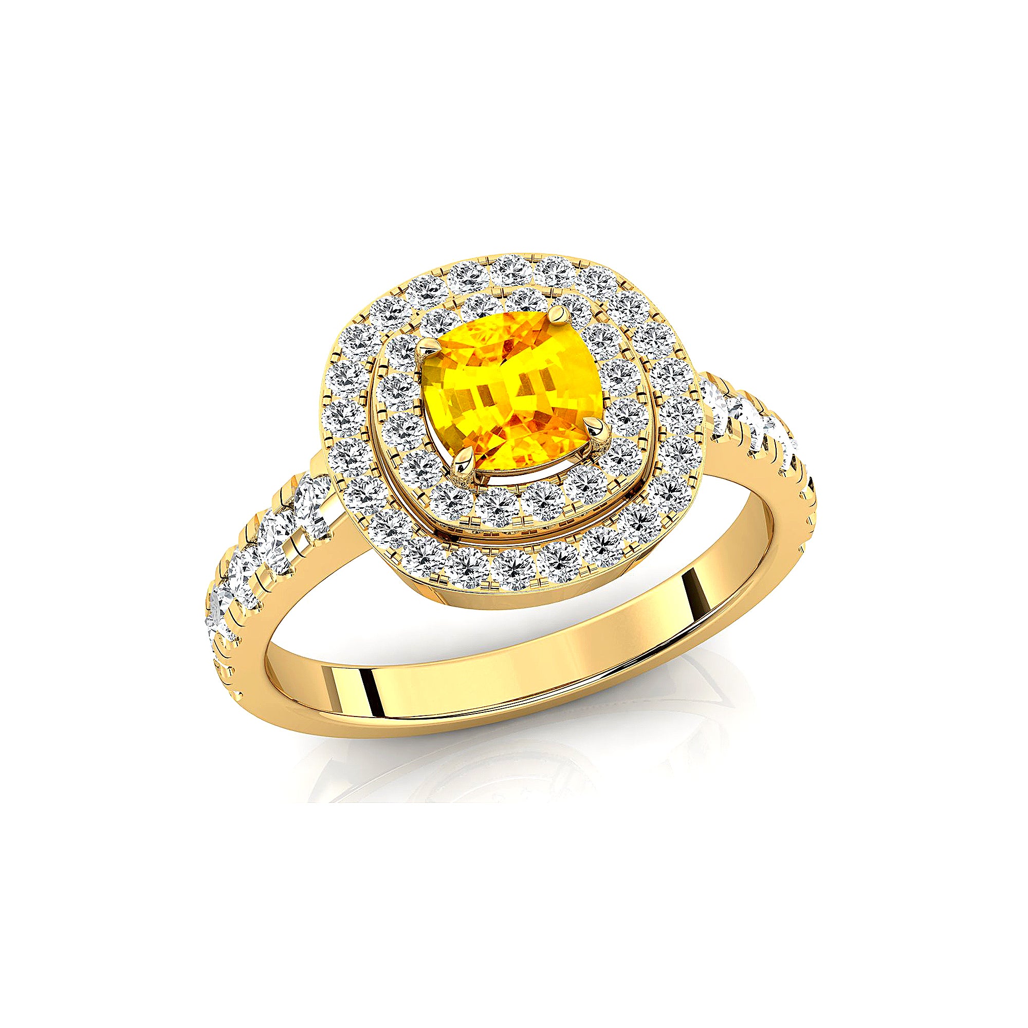 Double Halo Diamond Cushion Cut Yellow Sapphire Ring - GeumJewels