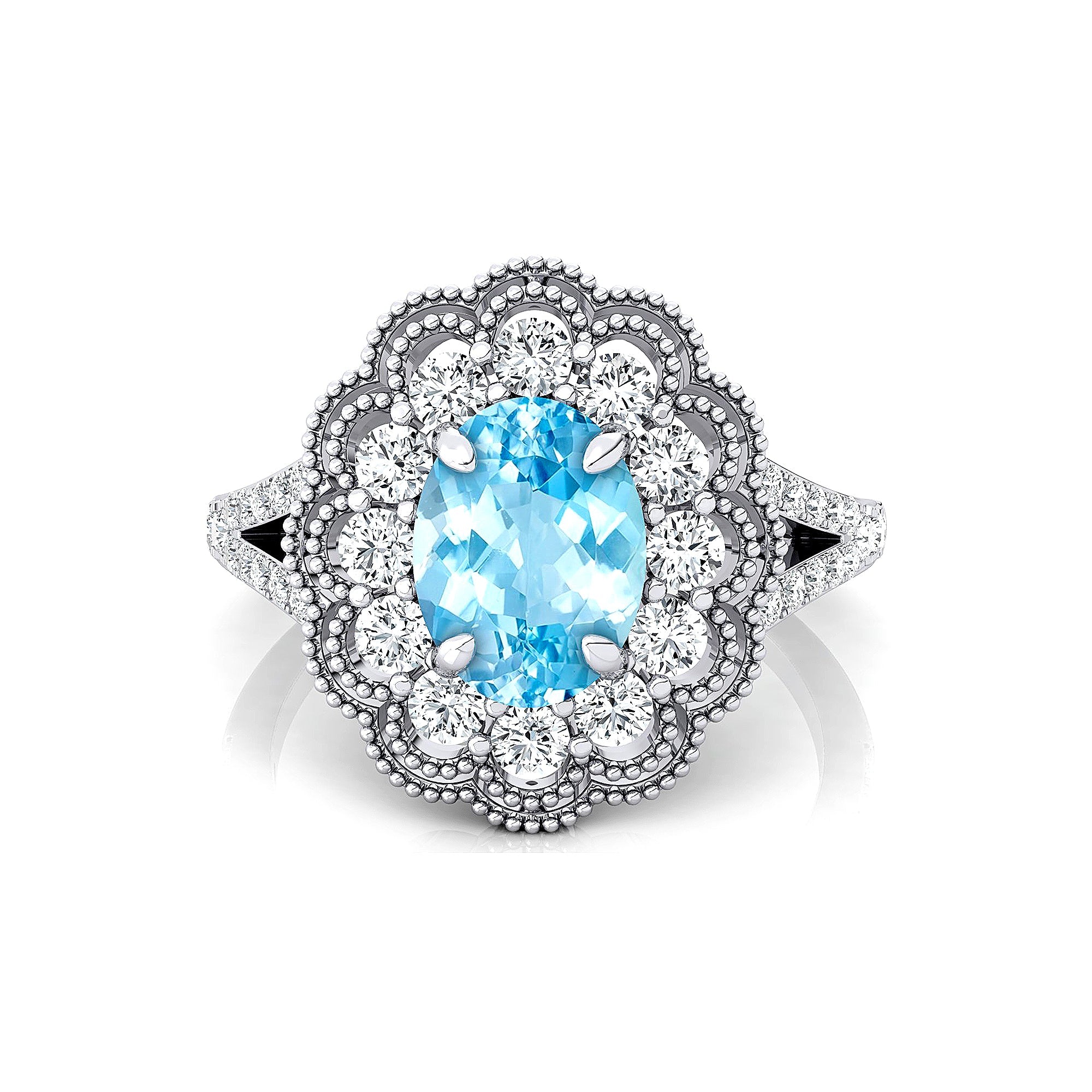Flower Inspired Cluster Diamond Oval Aquamarine Engagement Ring - GeumJewels