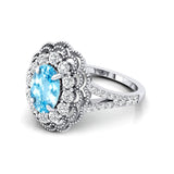 Flower Inspired Cluster Diamond Oval Aquamarine Engagement Ring - GeumJewels