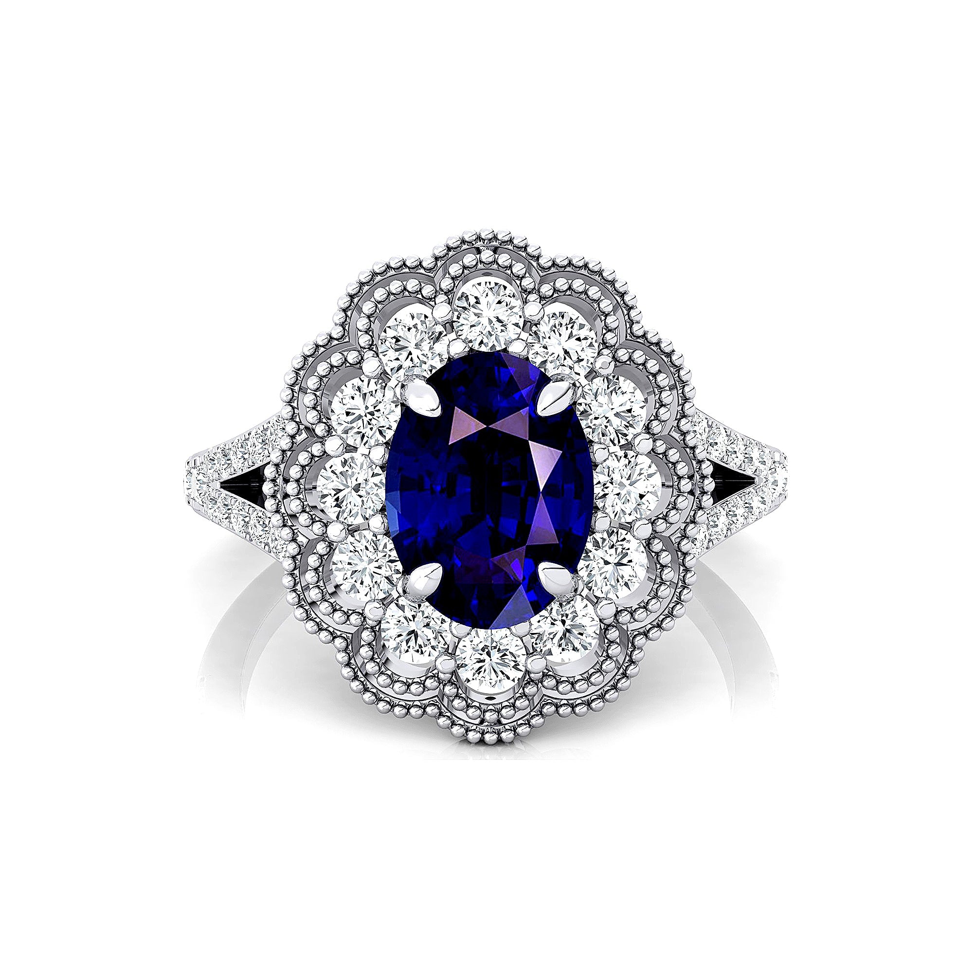 Flower Inspired Cluster Diamond Oval Blue Sapphire Engagement Ring - GeumJewels
