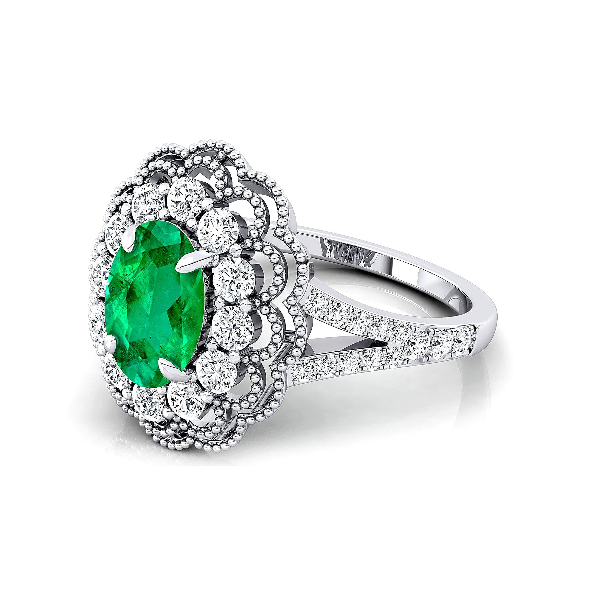 Flower Inspired Cluster Diamond Oval Emerald Engagement Ring - GeumJewels