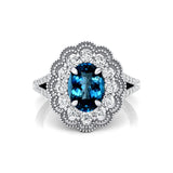 Flower Inspired Cluster Diamond Oval London Blue Topaz Engagement Ring - GeumJewels