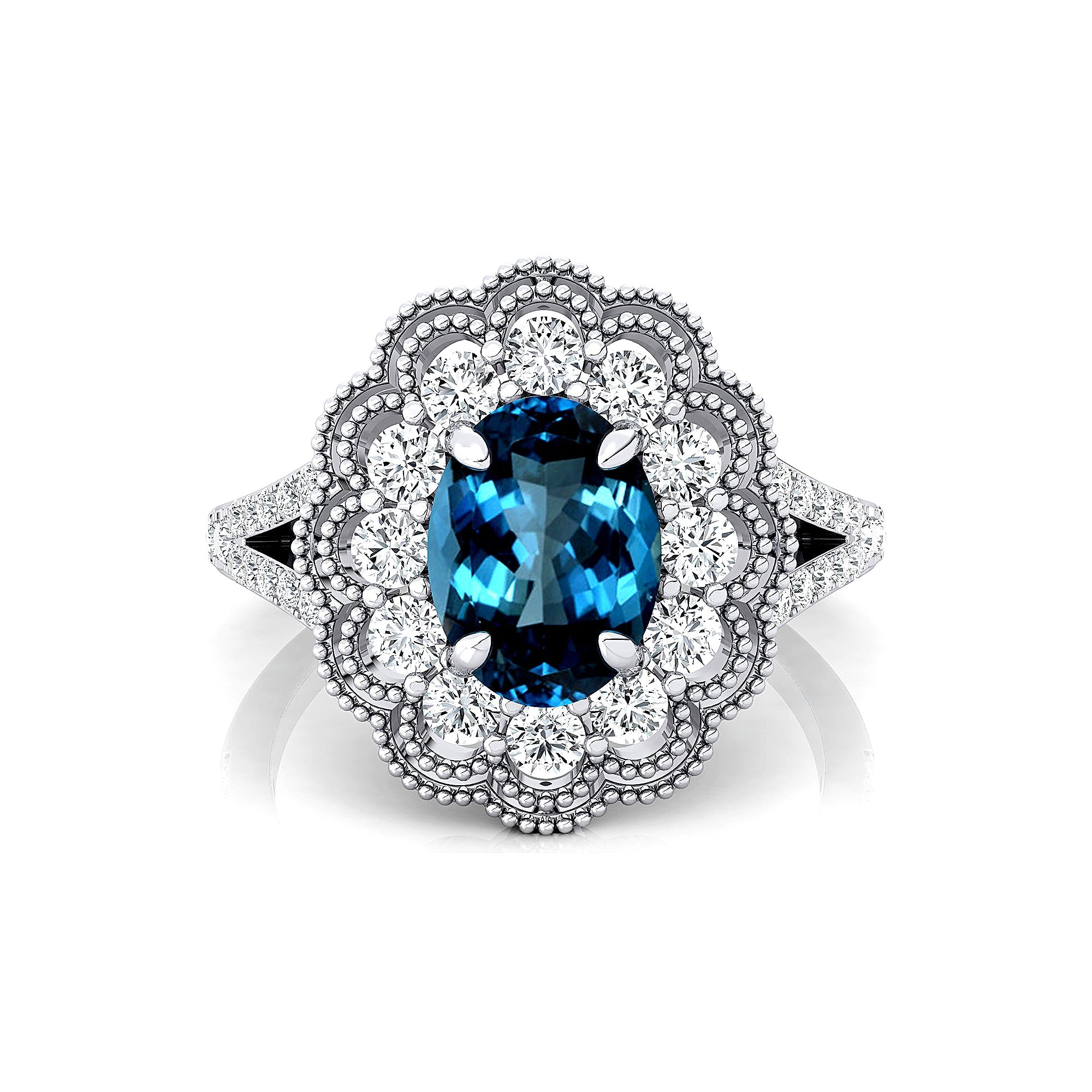 Flower Inspired Cluster Diamond Oval London Blue Topaz Engagement Ring - GeumJewels