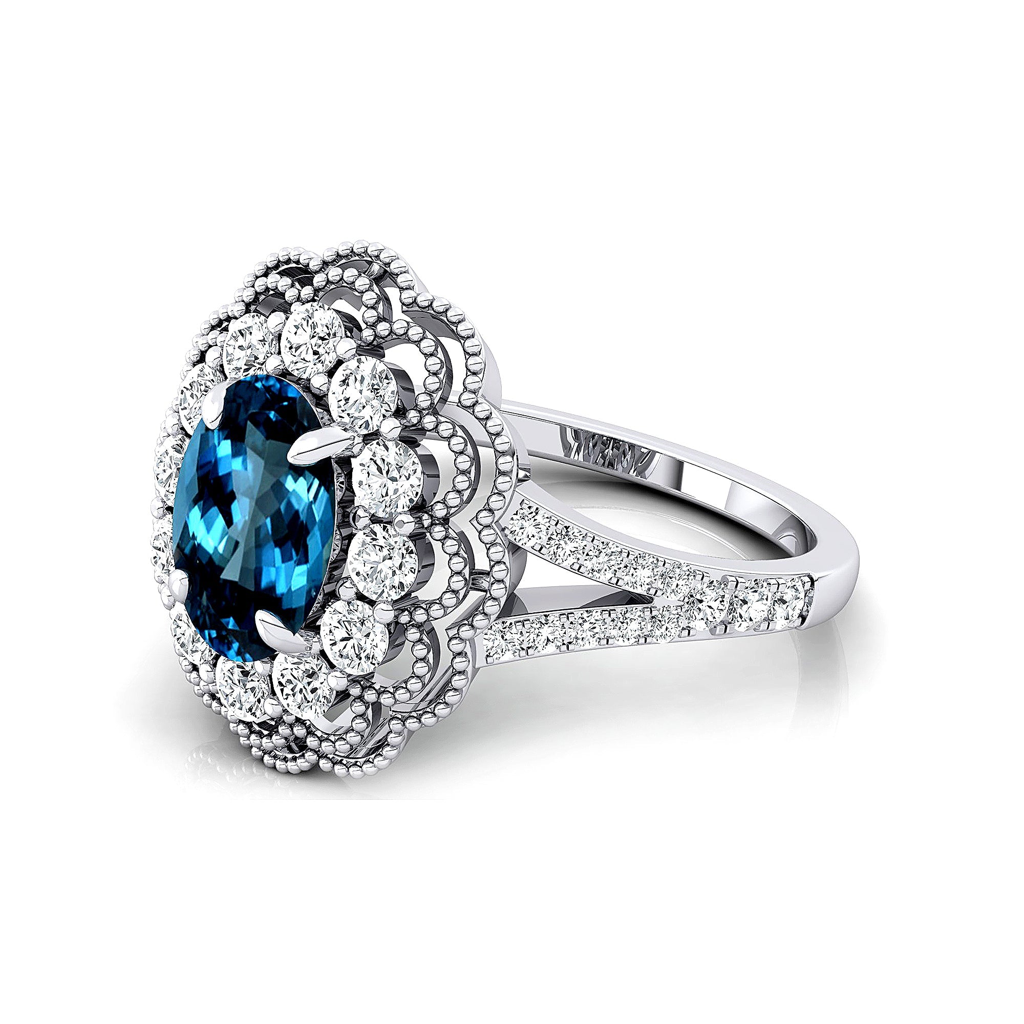 Flower Inspired Cluster Diamond Oval London Blue Topaz Engagement Ring - GeumJewels