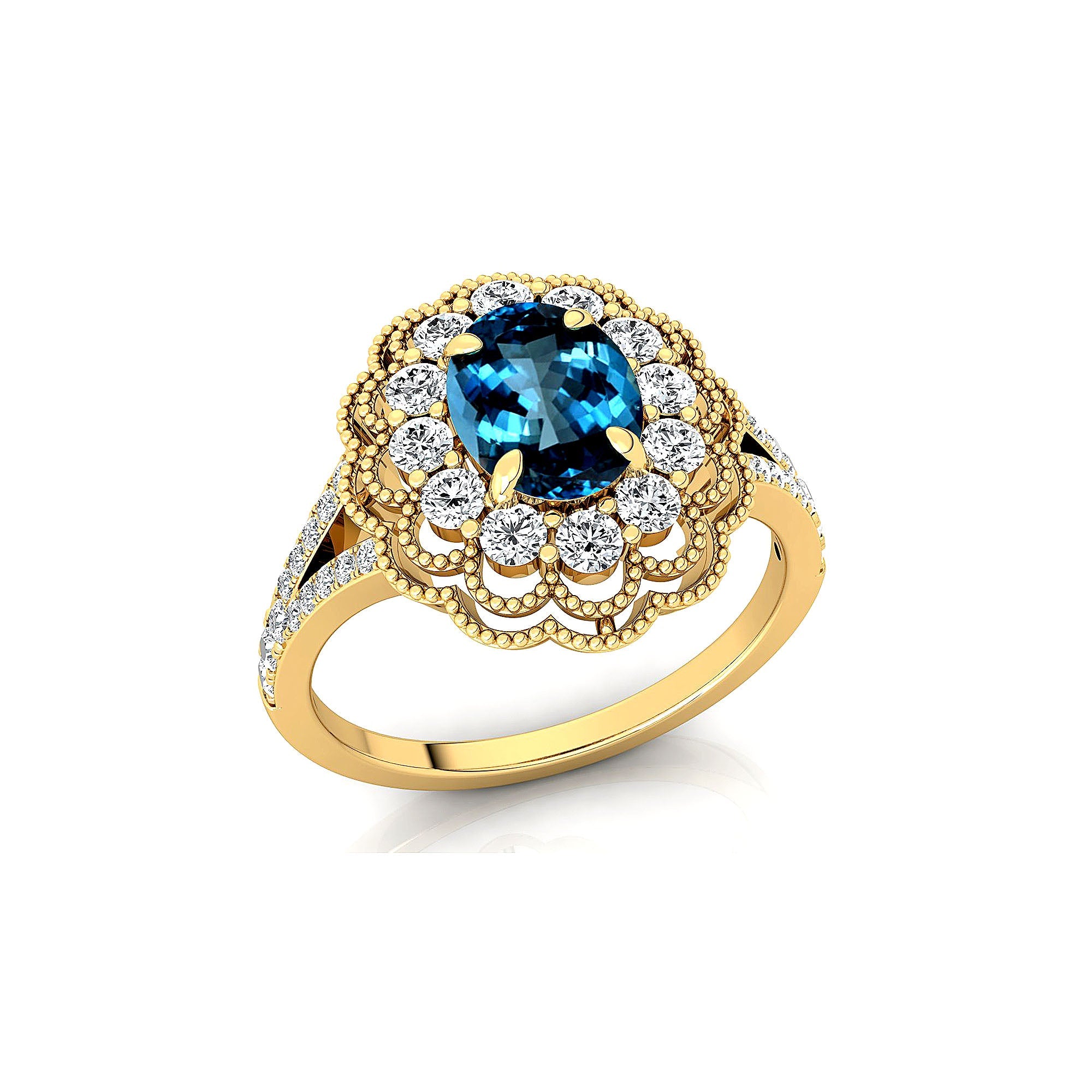 Flower Inspired Cluster Diamond Oval London Blue Topaz Engagement Ring - GeumJewels