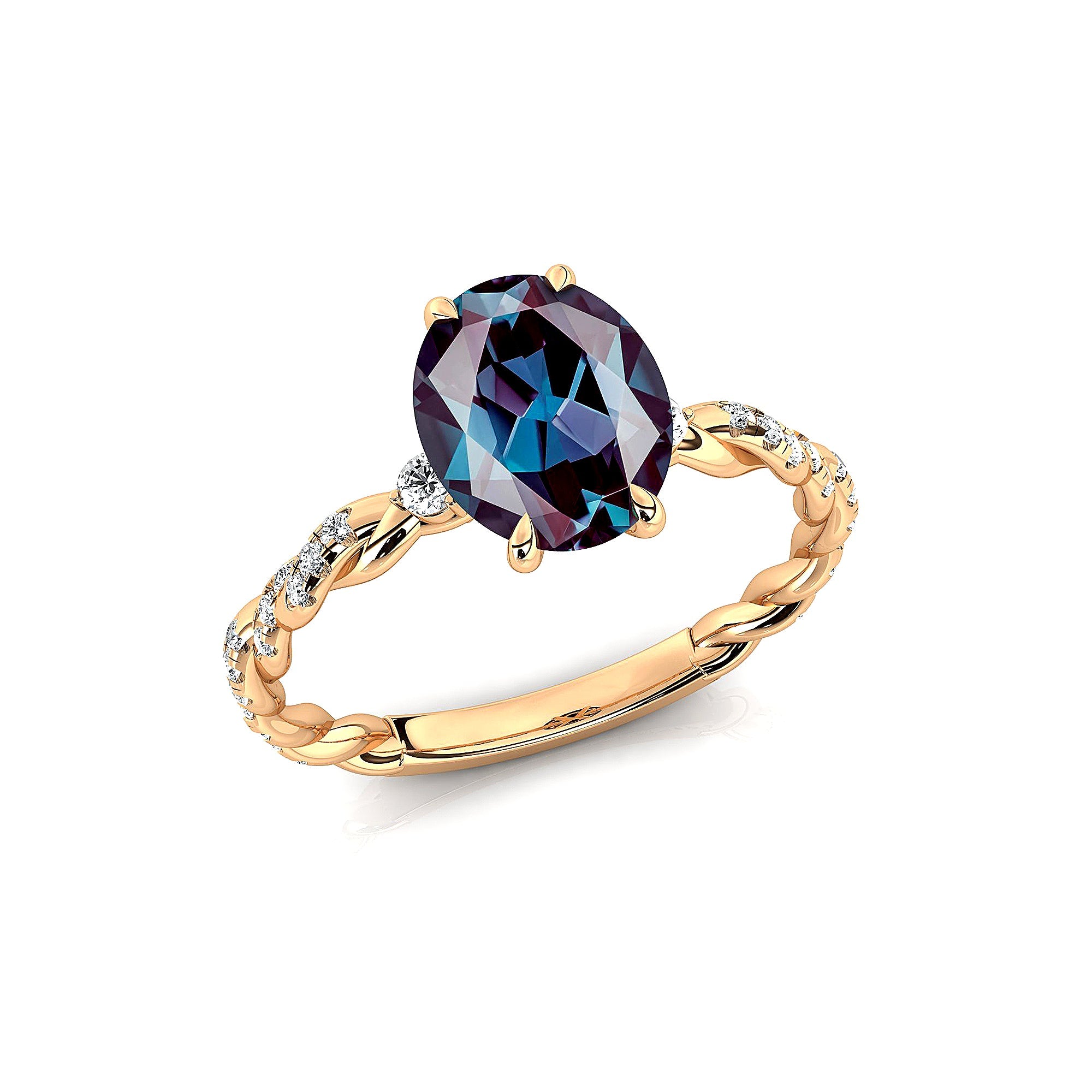 Oval Solitaire Alexandrite Ring with Twisted Wire Diamond Band - GeumJewels