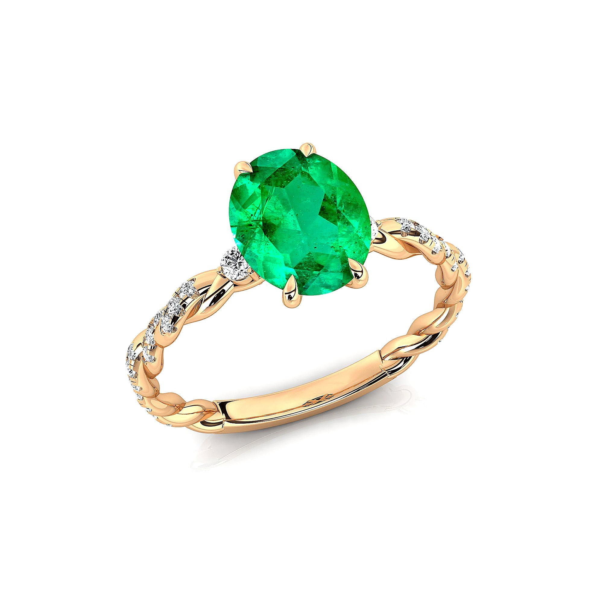 Oval Solitaire Emerald Ring with Twisted Wire Diamond Band - GeumJewels