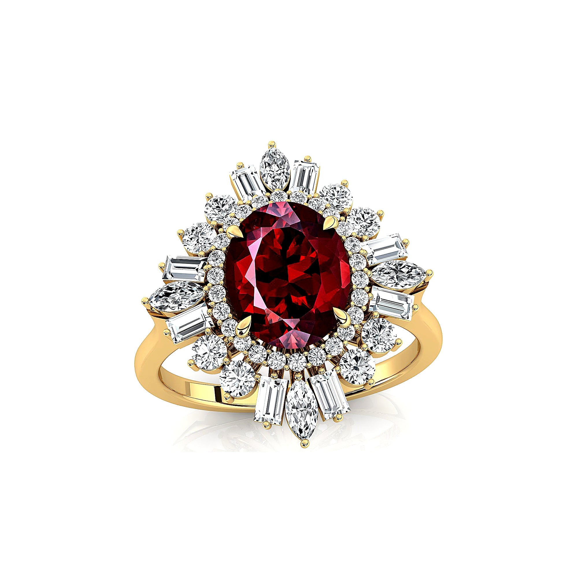 Oval Solitaire Garnet Baguette and Round Diamond Cocktail Ring - GeumJewels