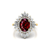 Oval Solitaire Garnet Baguette and Round Diamond Cocktail Ring - GeumJewels
