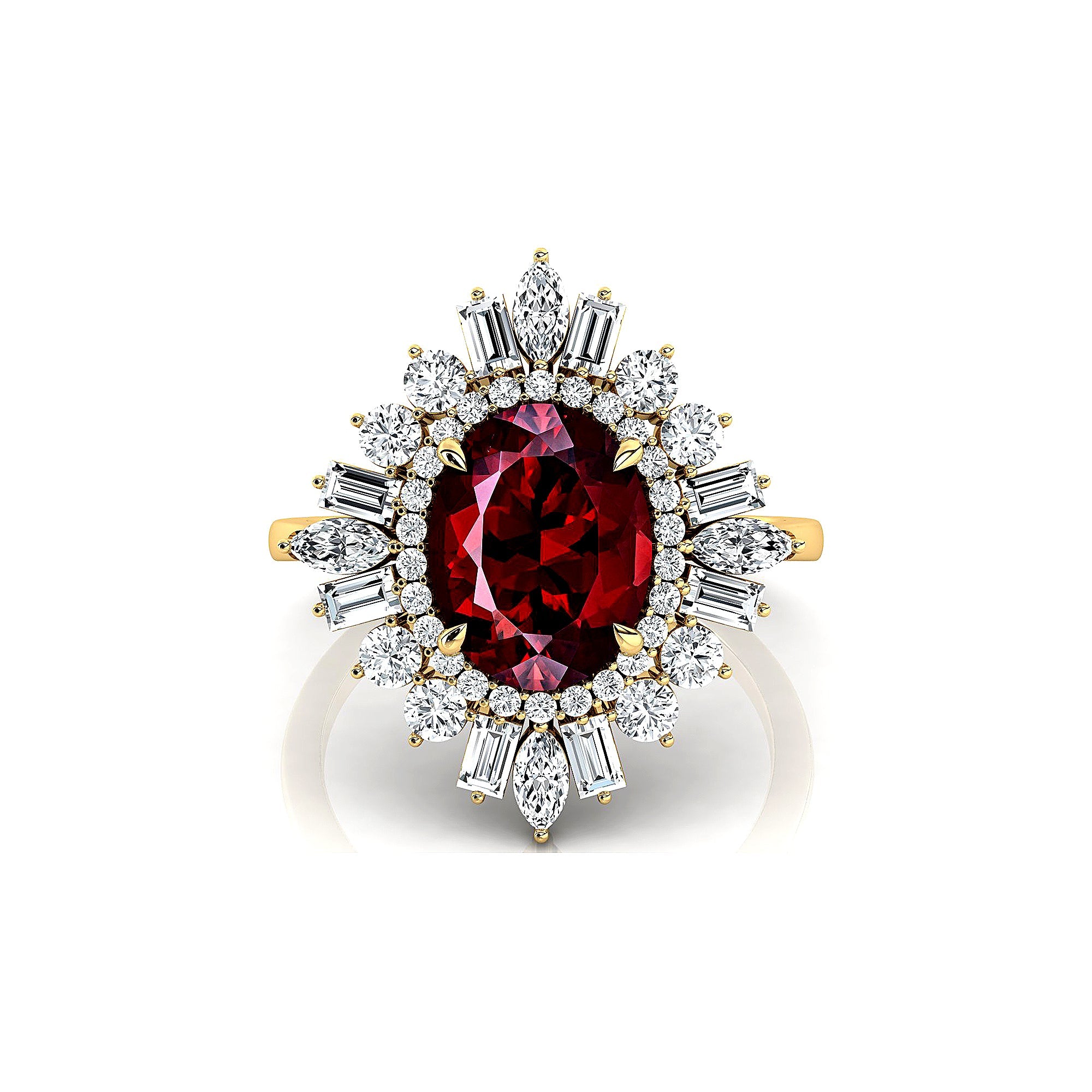 Oval Solitaire Garnet Baguette and Round Diamond Cocktail Ring - GeumJewels