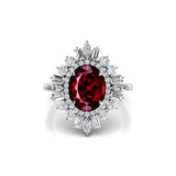 Oval Solitaire Garnet Baguette and Round Diamond Cocktail Ring - GeumJewels