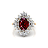 Oval Solitaire Garnet Baguette and Round Diamond Cocktail Ring - GeumJewels