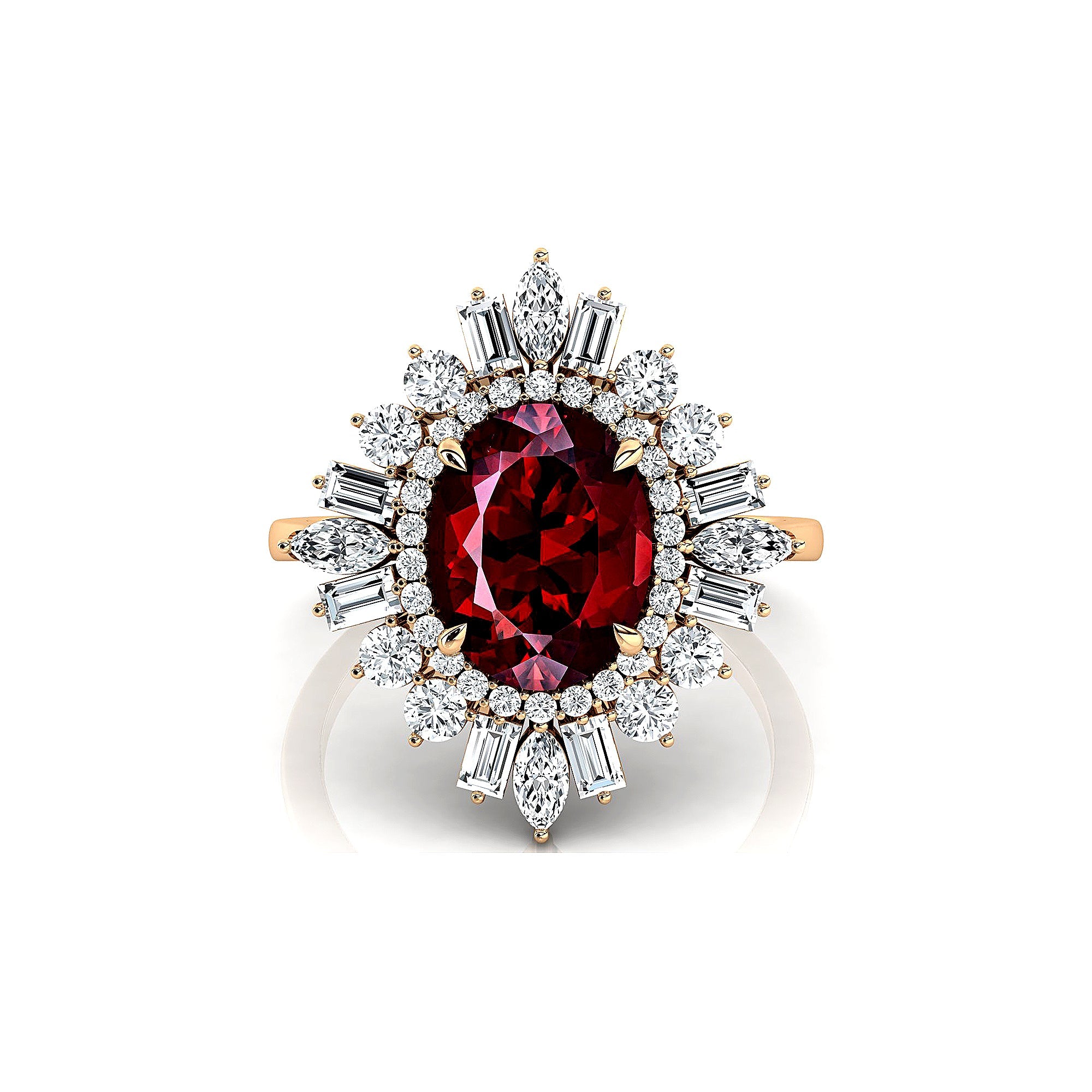 Oval Solitaire Garnet Baguette and Round Diamond Cocktail Ring - GeumJewels