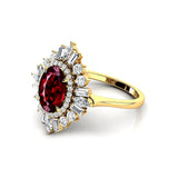 Oval Solitaire Garnet Baguette and Round Diamond Cocktail Ring - GeumJewels