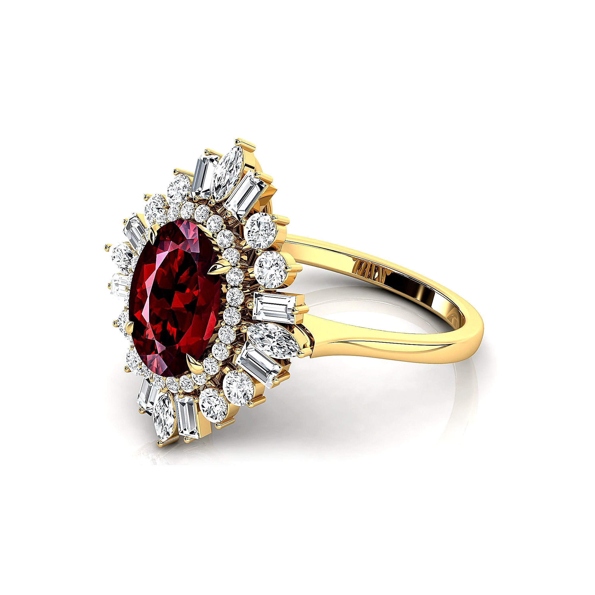 Oval Solitaire Garnet Baguette and Round Diamond Cocktail Ring - GeumJewels