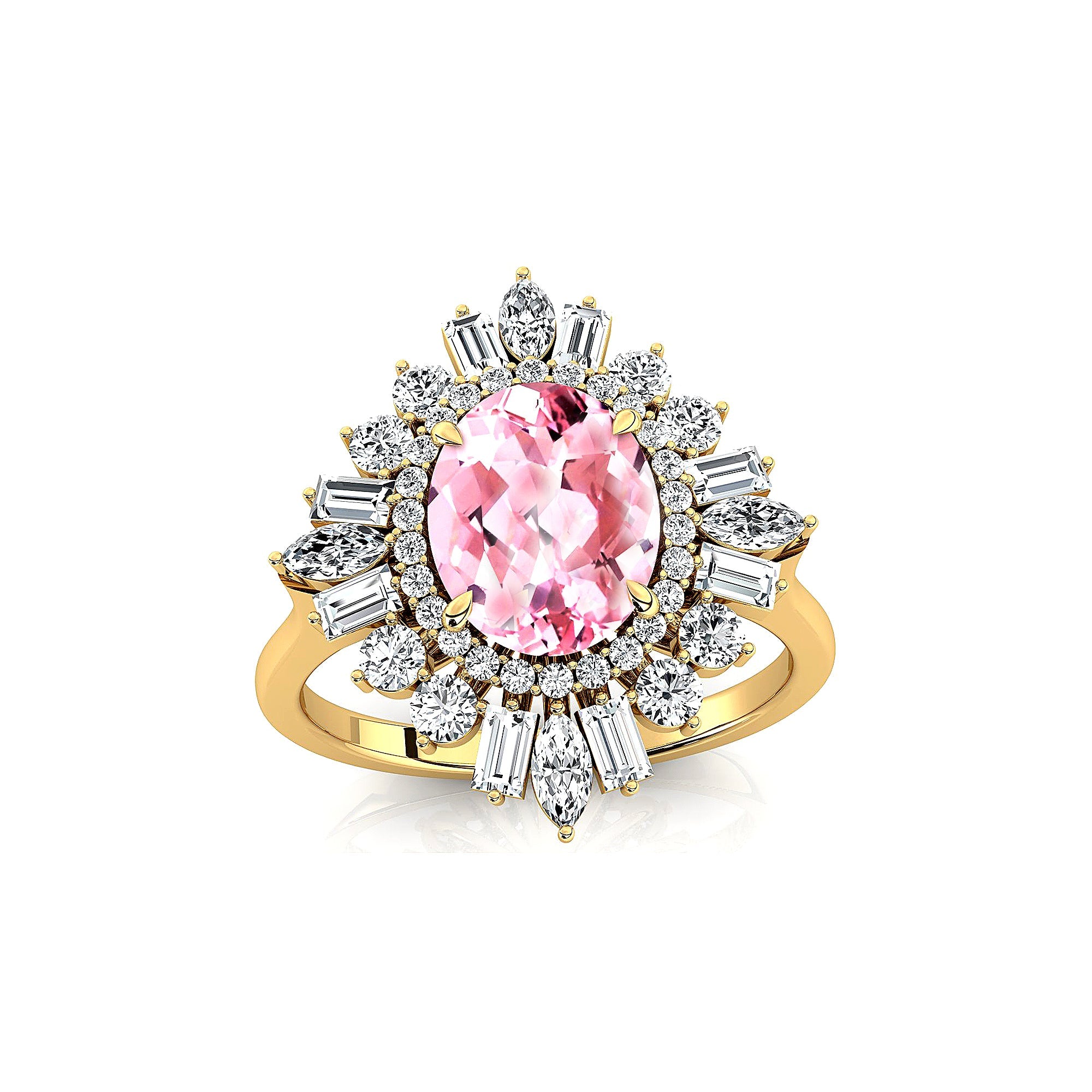 Oval Solitaire Morganite Baguette and Round Diamond Cocktail Ring - GeumJewels
